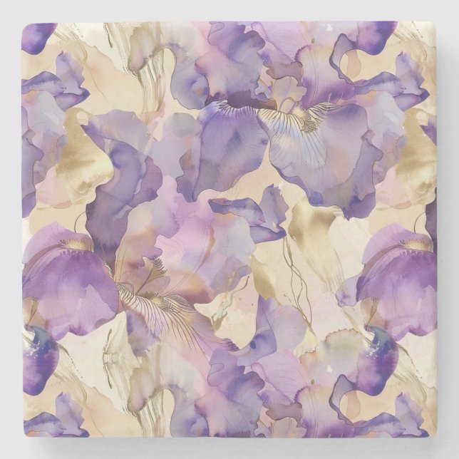 Purple White Gold Iris Floral Abstract Stone Coaster (Front)