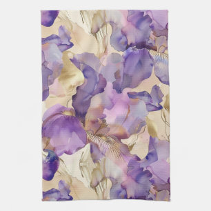 Purple White Gold Iris Floral Abstract Tea Towel