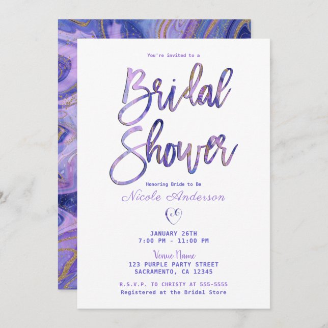 Purple White Gold Marble Chic Glam Bridal Shower Invitation (Front/Back)