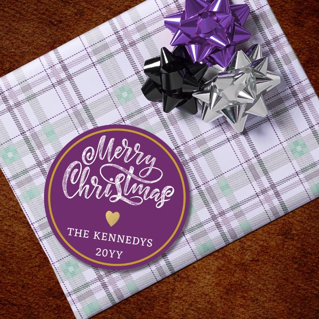 Purple White Gold Merry Christmas Classic Round Sticker (Creator Uploaded)