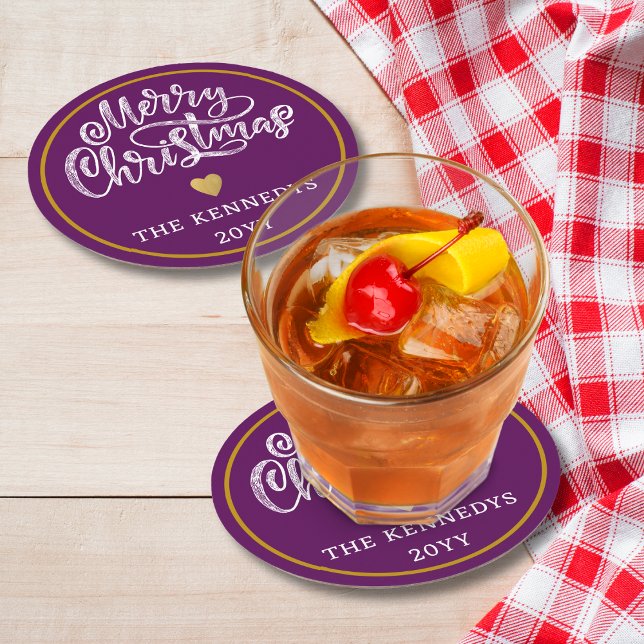 Purple White Gold Merry Christmas Round Paper Coaster (Creator Uploaded)