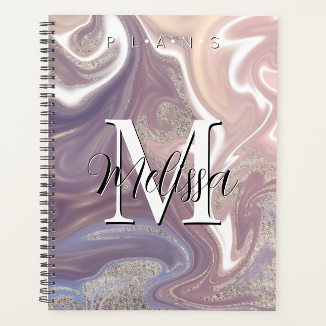 Purple White Gold Modern Monogram Abstract Planner (Front)