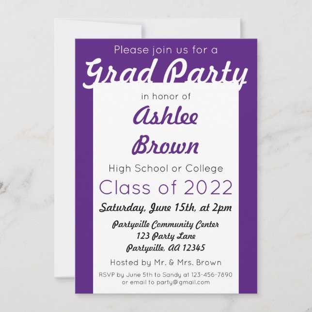 Purple White Grad Party Bold Graduation Invitation (Front)