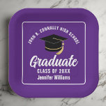 Purple White Graduate 2025 Graduation Party Square Paper Plate<br><div class="desc">This modern purple and white custom graduation party paper plate features classy typography of your high school or college name for the class of 2025. Customise with your graduating year under the chic handwritten script and black grad cap for great personalised graduate decor.</div>