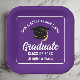 Purple White Graduate 2025 Graduation Party Square Paper Plate