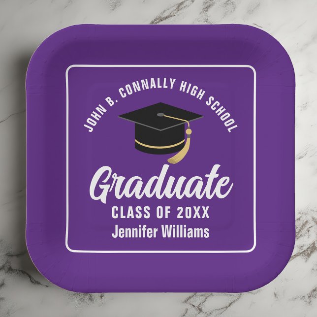 Purple White Graduate 2025 Graduation Party Square Paper Plate (Creator Uploaded)