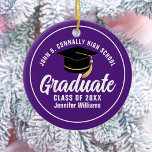 Purple White Graduate Custom 2025 Graduation Ceramic Ornament<br><div class="desc">This modern purple and white custom senior graduate Christmas ornament features your high school or college name for the class of 2025. Customise with your graduating year under the chic handwritten script and black grad cap for a great personalised graduation gift.</div>
