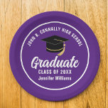 Purple White Graduate Custom 2025 Graduation Party Paper Plate<br><div class="desc">This modern purple and white custom graduation party paper plate features classy typography of your high school or college name for the class of 2025. Customise with your graduating year under the chic handwritten script and black grad cap for great personalised graduate decor.</div>