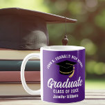 Purple White Graduate Personalised Graduation Coffee Mug<br><div class="desc">This modern purple and white custom senior graduation mug features classy typography of your high school or college name for the class of 2025. Customise with your graduating year under the chic handwritten script and black grad cap for a great personalised graduate keepsake gift.</div>