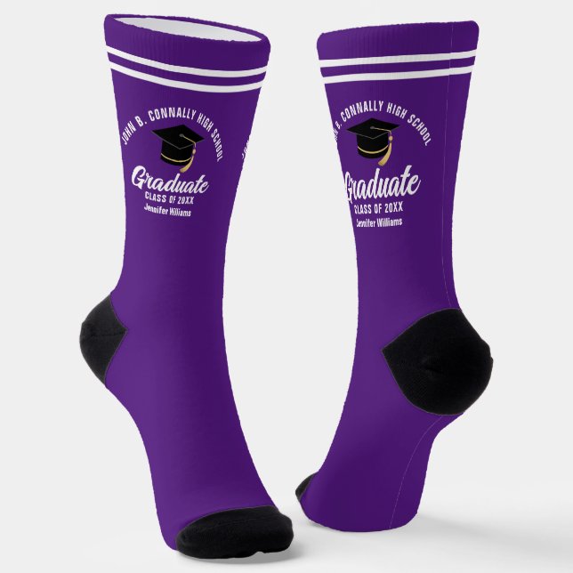 Purple White Graduate Personalised Graduation Socks (Angled)