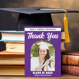 Purple White Graduate Photo Arch Graduation Thank You Card