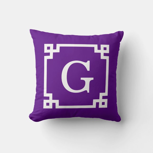 Purple White Greek Key Frame #2 Initial Monogram Cushion (Front)