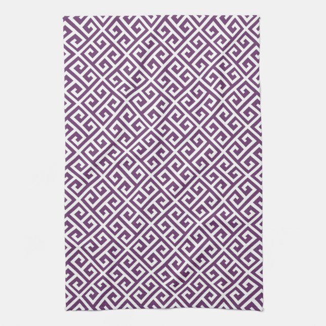 Purple & White Greek Key Pattern Tea Towel (Vertical)