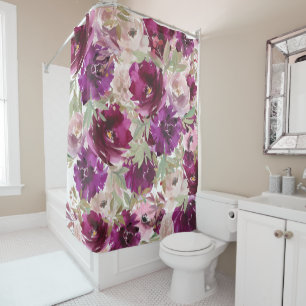 Purple White Green Botanical Floral Shower Curtain