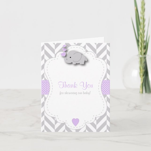 Purple, White Grey Elephant Baby Shower Thank You Card (Front)