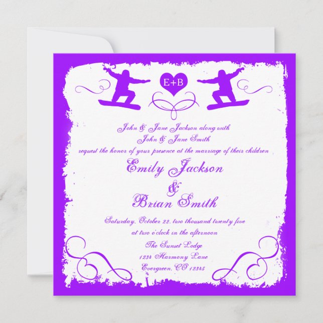 Purple white grunge snowboarder wedding invitation (Front)