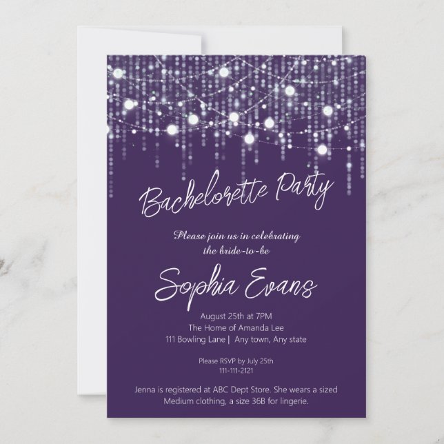 Purple & White Hanging Lights Bachelorette Party Invitation (Front)