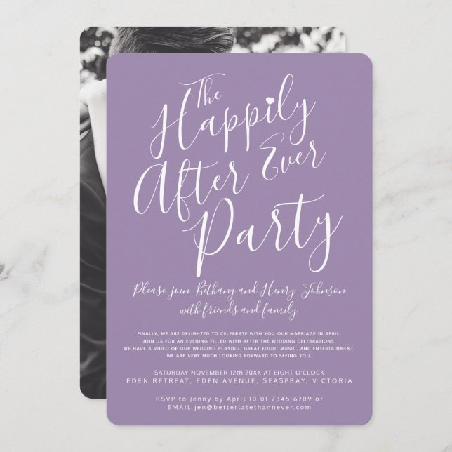 Purple white happily ever after wedding party invitation (Front/Back)