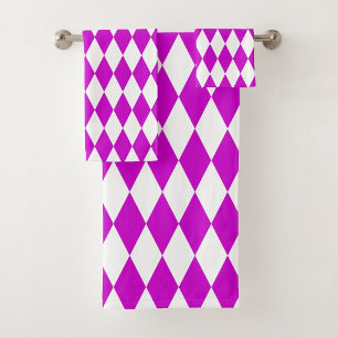 Purple White Harlequin Diamonds Checkers Design  Bath Towel Set