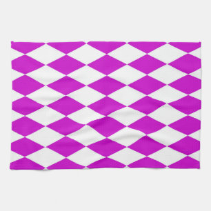 Purple White Harlequin Diamonds Checkers Design Tea Towel