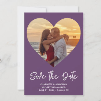 Purple & White Heart Cutout Wedding Photo Save The Date