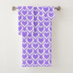 Purple White Hearts Pattern Bath Towel Set