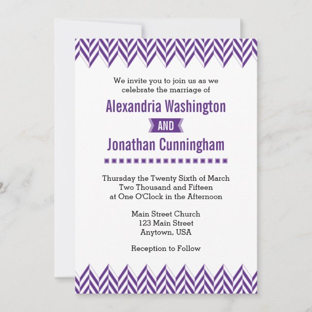 Purple White Herringbone Wedding Invitation (Front)