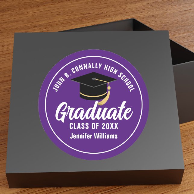 Purple White High School Custom Graduation Party Classic Round Sticker (Creator Uploaded)