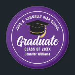 Purple White High School Graduate 2025 Graduation Magnet<br><div class="desc">This modern purple and white custom senior graduate magnet features classy white typography of your high school or college name for the class of 2025. Customise with your graduating year under the chic black handwritten script and black grad cap for a great personalised graduation keepsake gift.</div>