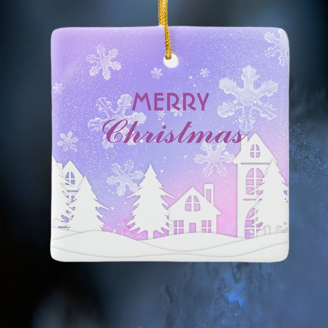 Purple White House Snowflakes Xmas New Year 2023  Ceramic Ornament (Creator Uploaded)