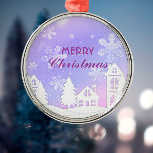 Purple White House Snowflakes Xmas New Year 2023  Metal Ornament
