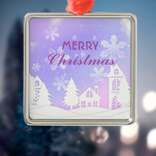 Purple White House Snowflakes Xmas New Year 2023 Metal Ornament