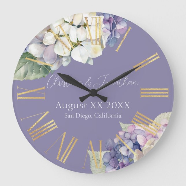 Purple & White Hydrangea Flowers on Lavender Large Clock (Front)