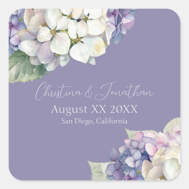 Purple & White Hydrangea Flowers on Lavender Square Sticker (Front)