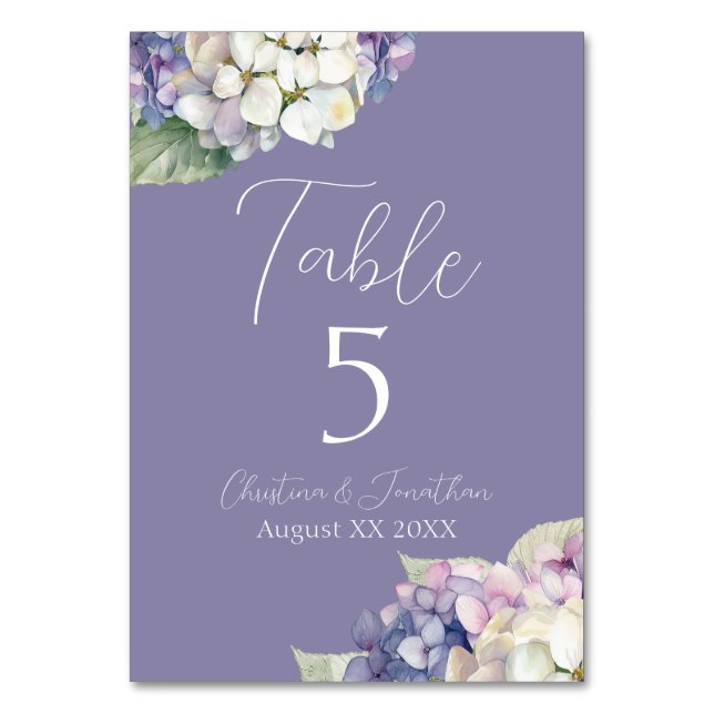 Purple & White Hydrangea Flowers on Lavender Table Number (Front)