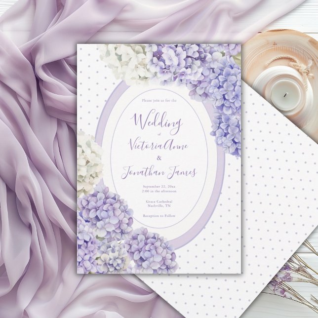 Purple White Hydrangeas Polkadot Wedding Invitation (Creator Uploaded)