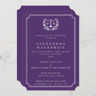 Purple/White JD Law Scales + Laurel Graduation Invitation