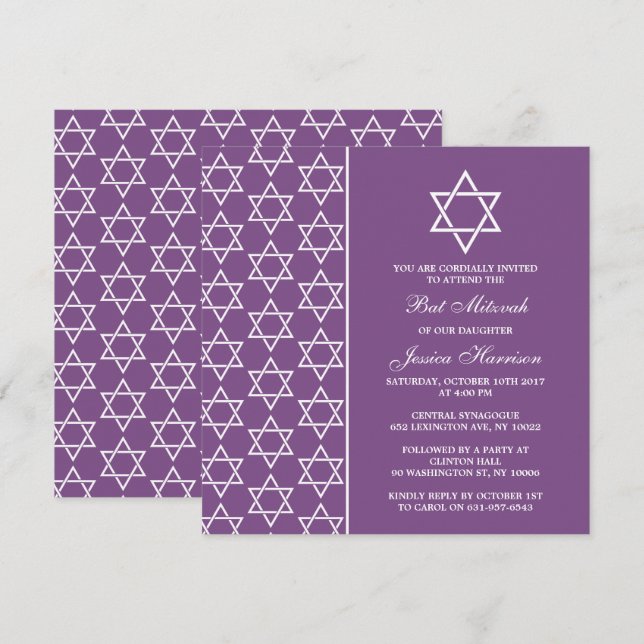 Purple & White Jewish Star Of David Bat Mitzvah Invitation (Front/Back)