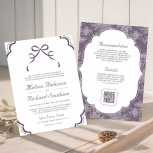 Purple White Lace Coquette Bow QR Code Wedding Invitation