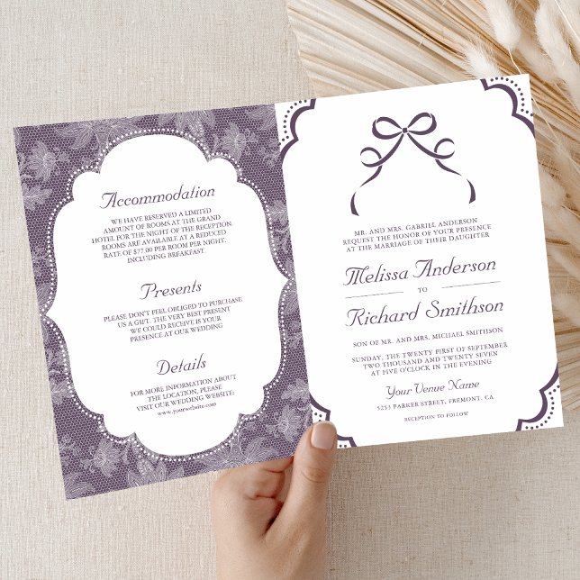Purple White Lace Coquette Bow QR Code Wedding Invitation (Creator Uploaded)