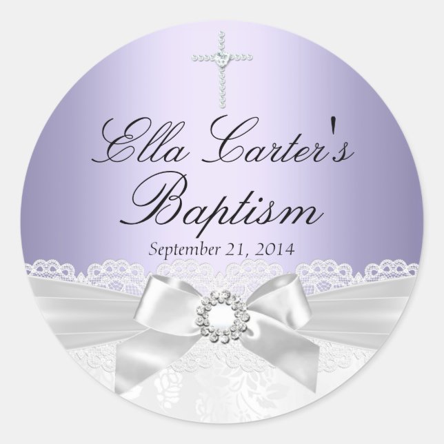 Purple White Lace & Cross Baptism Sticker (Front)