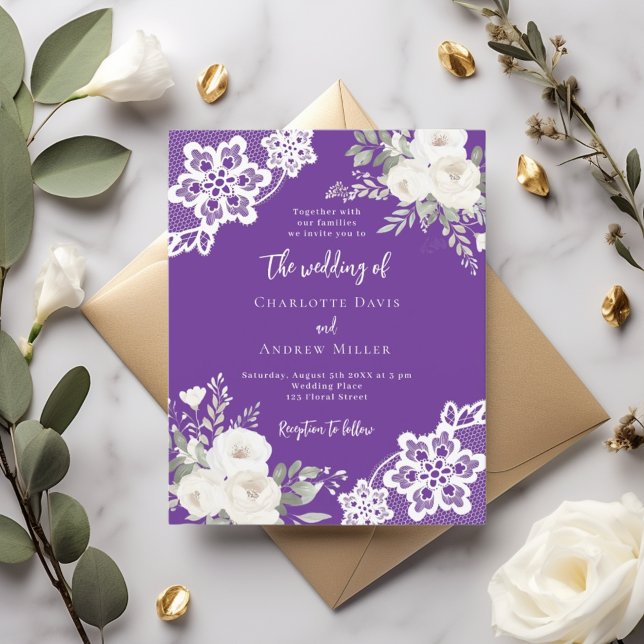 Purple white lace floral wedding invitation (Creator Uploaded)