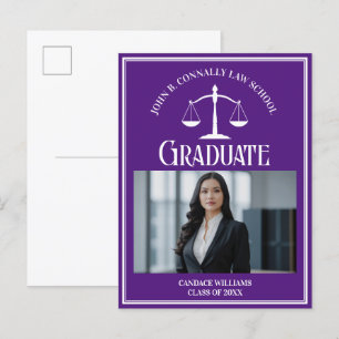 Purple White Law School Photo Graduation Announcement Postcard