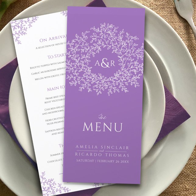 Purple white leaf drawing monogram wedding menu (Creator Uploaded)