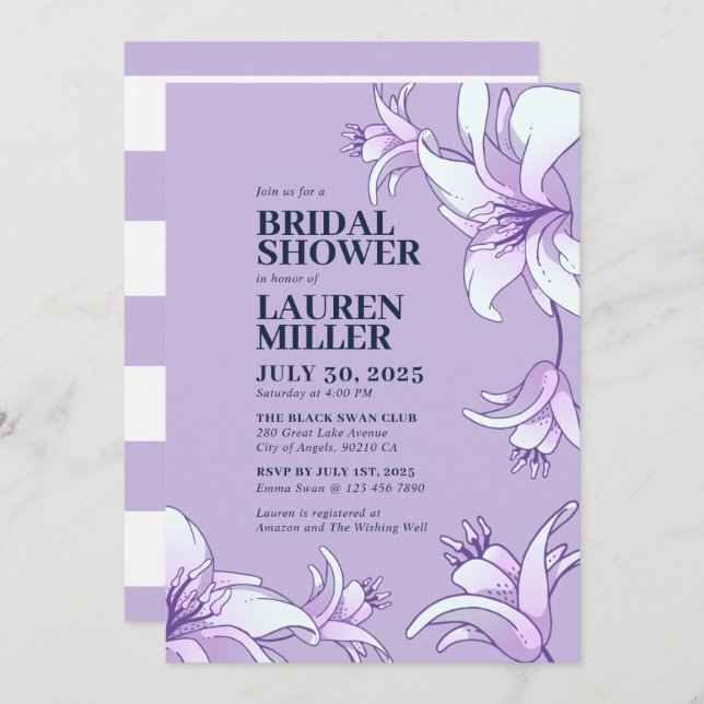 Purple White Lily Flower Floral Bridal Shower Invitation (Front/Back)