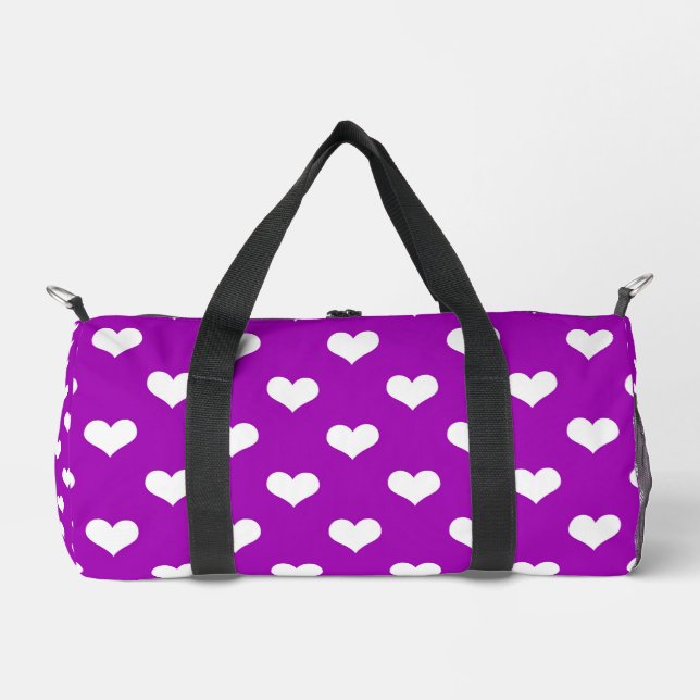 Purple White Love Heart Pattern Design  Duffle Bag (Front)