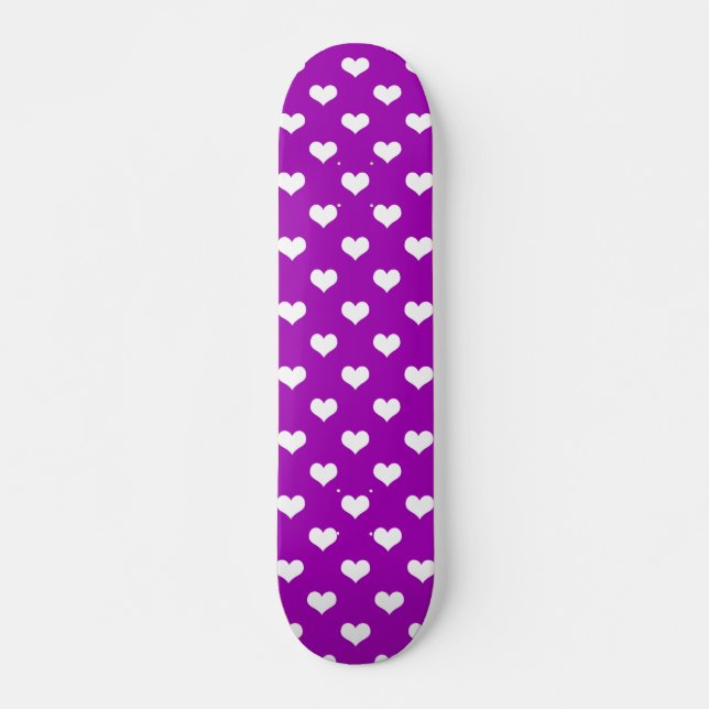 Purple White Love Heart Pattern Design  Skateboard (Front)