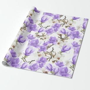 Purple & White Magnolia Blossom Watercolor Pattern Wrapping Paper