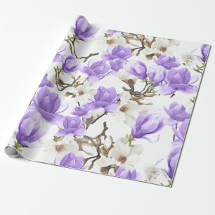Purple & White Magnolia Blossom Watercolor Pattern Wrapping Paper