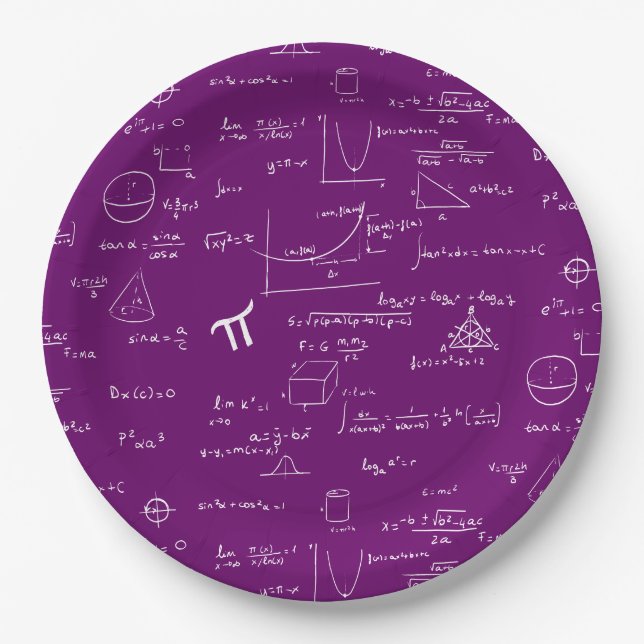 Purple White Math Equations Graphics Graduation Paper Plate (Front)